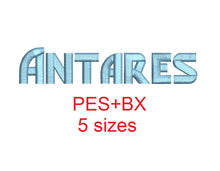 Antares embroidery font formats bx (which converts to 17 machine formats), + pes, Sizes 0.50 (1/2), 0.75 (3/4), 1, 1.5 and 2"