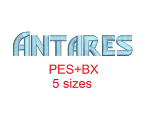 Antares embroidery font formats bx (which converts to 17 machine formats), + pes, Sizes 0.50 (1/2), 0.75 (3/4), 1, 1.5 and 2"