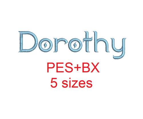 Dorothy embroidery font formats bx (which converts to 17 machine formats), + pes, Sizes 0.50 (1/2), 0.75 (3/4), 1, 1.5 and 2