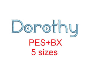 Dorothy embroidery font formats bx (which converts to 17 machine formats), + pes, Sizes 0.50 (1/2), 0.75 (3/4), 1, 1.5 and 2"