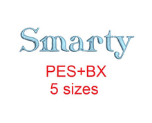 Smarty embroidery font formats bx (which converts to 17 machine formats), + pes, Sizes 0.50 (1/2), 0.75 (3/4), 1, 1.5 and 2"