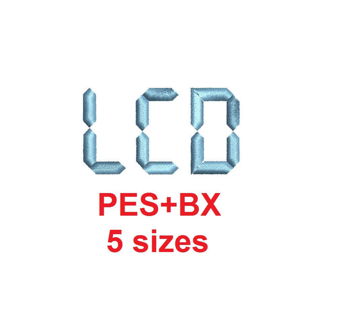 LCD embroidery font formats bx (which converts to 17 machine formats), + pes, Sizes 0.25 (1/4), 0.50 (1/2), 1, 1.5 and 2