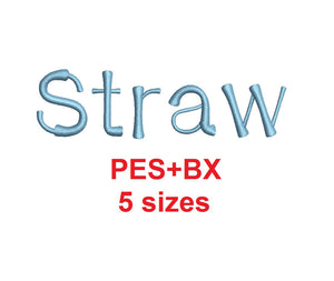 Straw embroidery font formats bx (which converts to 17 machine formats), + pes, Sizes 0.25 (1/4), 0.50 (1/2), 1, 1.5 and 2"