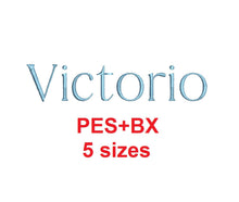 Victorio font formats bx (which converts to 17 machine formats), + pes, Sizes 0.25 (1/4), 0.50 (1/2), 1, 1.5 and 2"