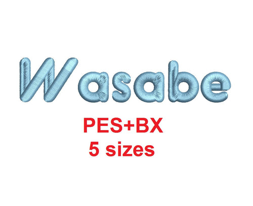 Wasabe font formats bx (which converts to 17 machine formats), + pes, Sizes 0.25 (1/4), 0.50 (1/2), 1, 1.5 and 2