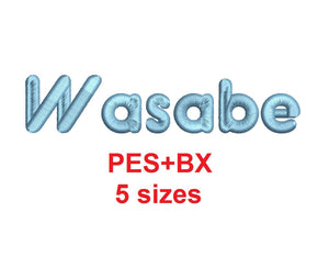Wasabe font formats bx (which converts to 17 machine formats), + pes, Sizes 0.25 (1/4), 0.50 (1/2), 1, 1.5 and 2"