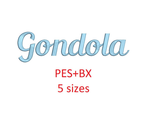 Gondola embroidery font formats bx (which converts to 17 machine formats), + pes, Sizes 0.50 (1/2), 0.75 (3/4), 1, 1.5 and 2