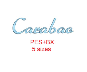 Carabao embroidery font formats bx (which converts to 17 machine formats), + pes, Sizes 0.50 (1/2), 0.75 (3/4), 1, 1.5 and 2"