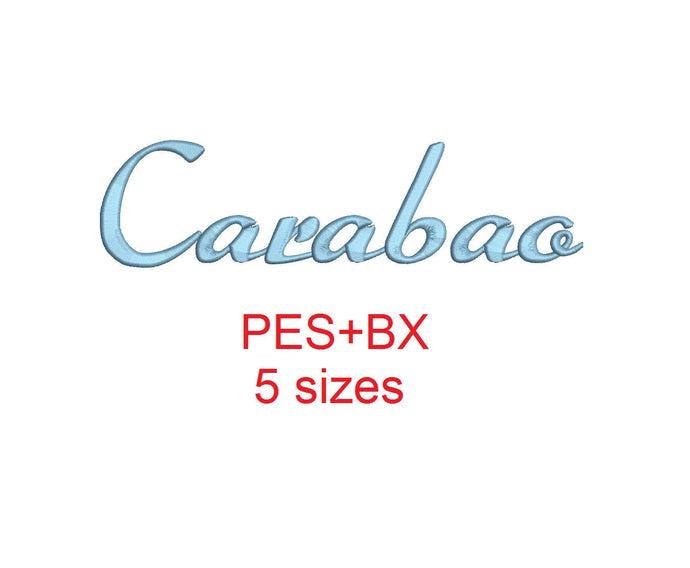 Carabao embroidery font formats bx (which converts to 17 machine formats), + pes, Sizes 0.50 (1/2), 0.75 (3/4), 1, 1.5 and 2