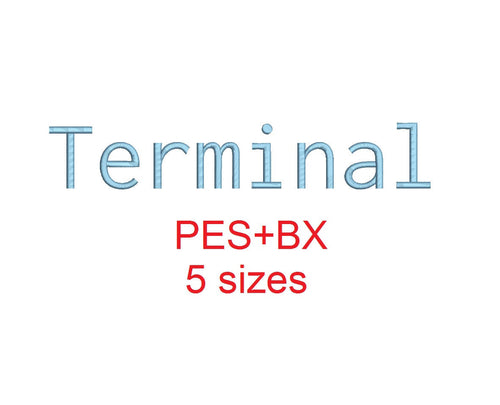 Terminal embroidery font formats bx (which converts to 17 machine formats), + pes, Sizes 0.50 (1/2), 0.75 (3/4), 1, 1.5 and 2