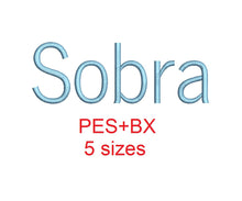 Sobra embroidery font formats bx (which converts to 17 machine formats), + pes, Sizes 0.50 (1/2), 0.75 (3/4), 1, 1.5 and 2"