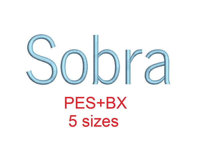 Sobra embroidery font formats bx (which converts to 17 machine formats), + pes, Sizes 0.50 (1/2), 0.75 (3/4), 1, 1.5 and 2