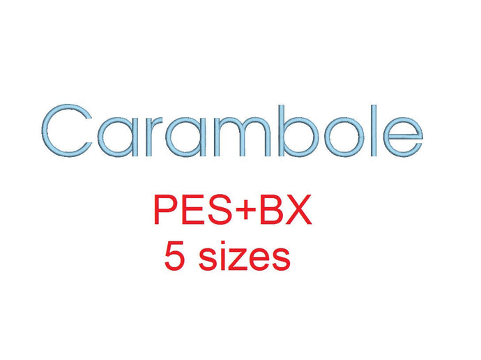 Carambole embroidery font formats bx (which converts to 17 machine formats), + pes, Sizes 0.50 (1/2), 0.75 (3/4), 1, 1.5 and 2