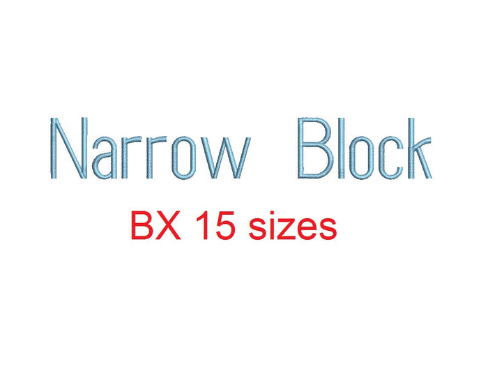 Narrow Block embroidery BX font Sizes 0.25 (1/4), 0.50 (1/2), 1, 1.5, 2, 2.5, 3, 3.5, 4, 4.5, 5, 5.5, 6, 6.5, and 7 inches