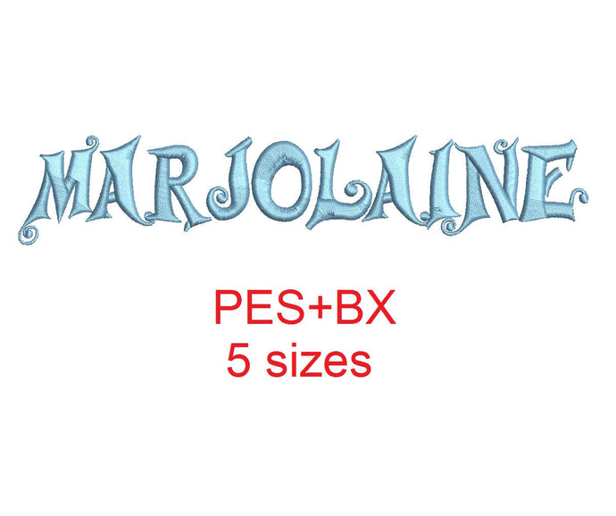 Marjolaine embroidery font formats bx (which converts to 17 machine formats), + pes, Sizes 0.50 (1/2), 0.75 (3/4), 1, 1.5 and 2