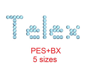 Telex embroidery font formats bx (which converts to 17 machine formats), + pes, Sizes 0.50 (1/2), 0.75 (3/4), 1, 1.5 and 2"