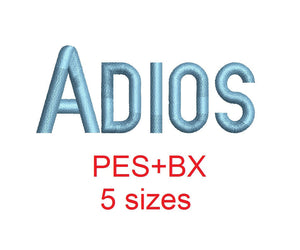 Adios embroidery font formats bx (which converts to 17 machine formats), + pes, Sizes 0.50 (1/2), 0.75 (3/4), 1, 1.5 and 2"