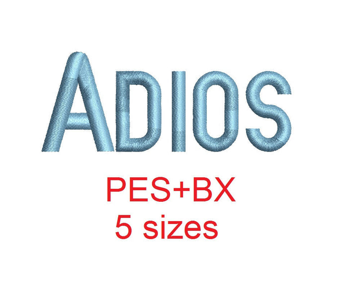 Adios embroidery font formats bx (which converts to 17 machine formats), + pes, Sizes 0.50 (1/2), 0.75 (3/4), 1, 1.5 and 2
