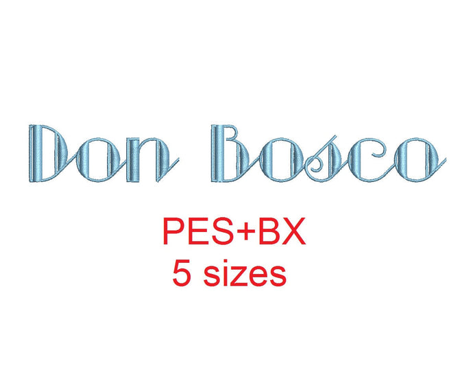 Don Bosco embroidery font formats bx (which converts to 17 machine formats), + pes, Sizes 0.50 (1/2), 0.75 (3/4), 1, 1.5 and 2
