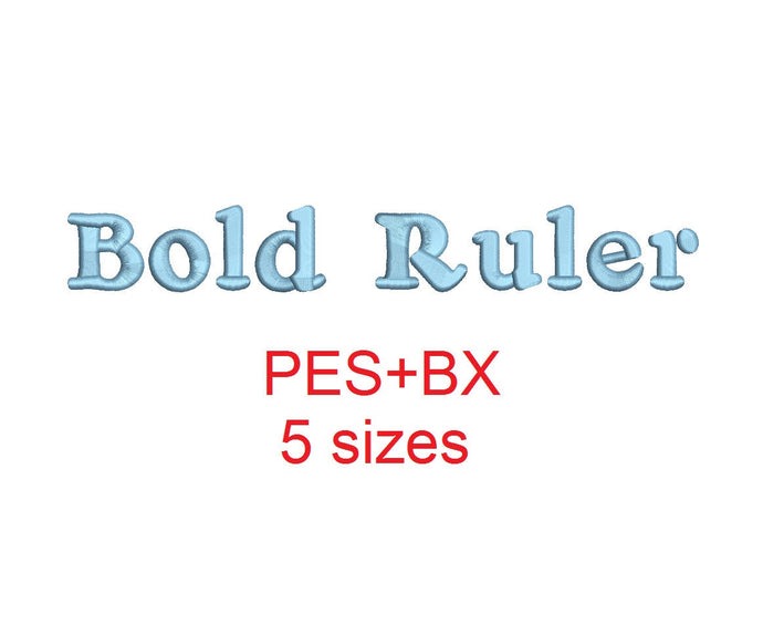 Bold Ruller embroidery font formats bx (which converts to 17 machine formats), + pes, Sizes 0.50 (1/2), 0.75 (3/4), 1, 1.5 and 2