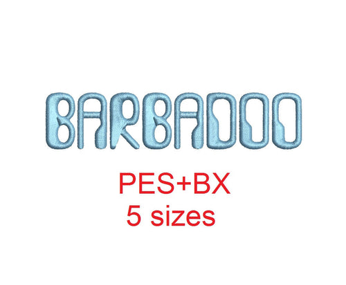 Barbadoo embroidery font formats bx (which converts to 17 machine formats), + pes, Sizes 0.50 (1/2), 0.75 (3/4), 1, 1.5 and 2