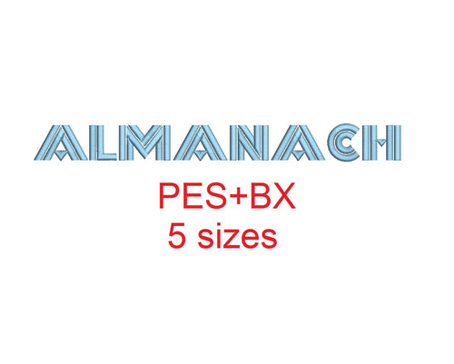 Almanach embroidery font formats bx (which converts to 17 machine formats), + pes, Sizes 0.50 (1/2), 0.75 (3/4), 1, 1.5 and 2