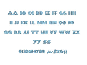 Almanach embroidery font formats bx (which converts to 17 machine formats), + pes, Sizes 0.50 (1/2), 0.75 (3/4), 1, 1.5 and 2"