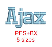 Ajax embroidery font formats bx (which converts to 17 machine formats), + pes, Sizes 0.50 (1/2), 0.75 (3/4), 1, 1.5 and 2"