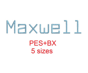 Maxwell embroidery font formats bx (which converts to 17 machine formats), + pes, Sizes 0.50 (1/2), 0.75 (3/4), 1, 1.5 and 2"