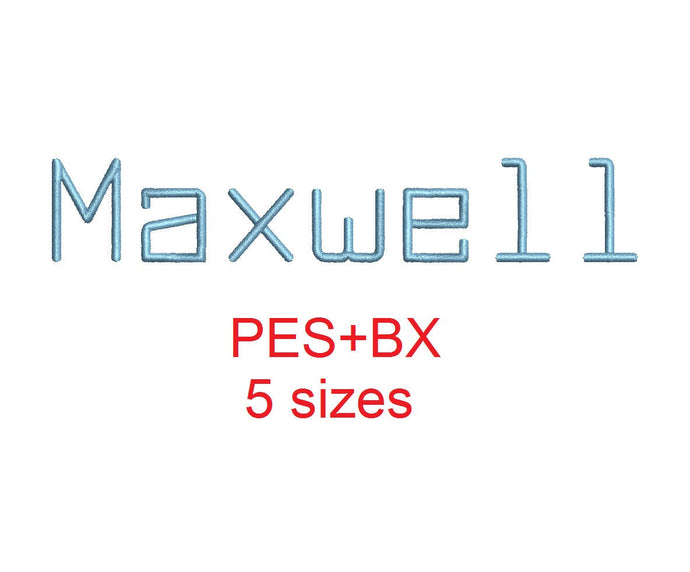 Maxwell embroidery font formats bx (which converts to 17 machine formats), + pes, Sizes 0.50 (1/2), 0.75 (3/4), 1, 1.5 and 2