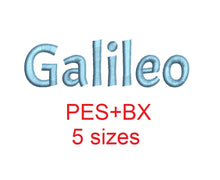 Galileo embroidery font formats bx (which converts to 17 machine formats), + pes, Sizes 0.50 (1/2), 0.75 (3/4), 1, 1.5 and 2"