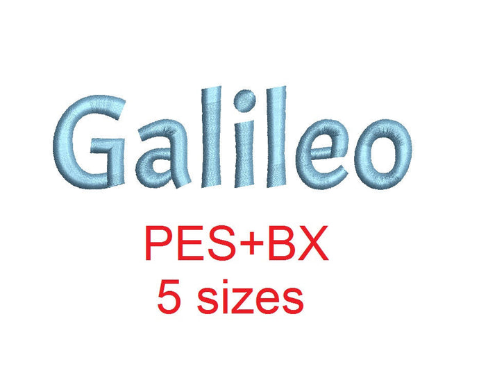 Galileo embroidery font formats bx (which converts to 17 machine formats), + pes, Sizes 0.50 (1/2), 0.75 (3/4), 1, 1.5 and 2