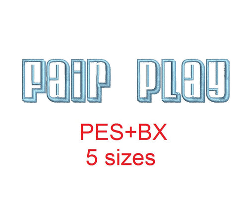 Fair Play embroidery font formats bx (which converts to 17 machine formats), + pes, Sizes 0.50 (1/2), 0.75 (3/4), 1, 1.5 and 2