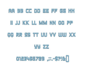 Easy Goer embroidery font formats bx (which converts to 17 machine formats), + pes, Sizes 0.50 (1/2), 0.75 (3/4), 1, 1.5 and 2"