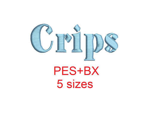 Crips embroidery font formats bx (which converts to 17 machine formats), + pes, Sizes 0.50 (1/2), 0.75 (3/4), 1, 1.5 and 2