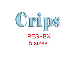 Crips embroidery font formats bx (which converts to 17 machine formats), + pes, Sizes 0.50 (1/2), 0.75 (3/4), 1, 1.5 and 2"