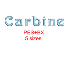 Carbine embroidery font formats bx (which converts to 17 machine formats), + pes, Sizes 0.50 (1/2), 0.75 (3/4), 1, 1.5 and 2"