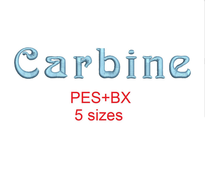 Carbine embroidery font formats bx (which converts to 17 machine formats), + pes, Sizes 0.50 (1/2), 0.75 (3/4), 1, 1.5 and 2