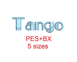 Tango embroidery font formats bx (which converts to 17 machine formats), + pes, Sizes 0.50 (1/2), 0.75 (3/4), 1, 1.5 and 2"