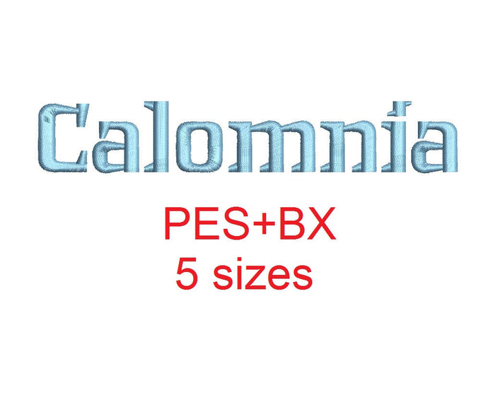 Calomnia embroidery font formats bx (which converts to 17 machine formats), + pes, Sizes 0.50 (1/2), 0.75 (3/4), 1, 1.5 and 2