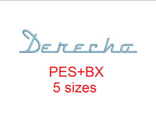 Derecho embroidery font formats bx (which converts to 17 machine formats), + pes, Sizes 0.50 (1/2), 0.75 (3/4), 1, 1.5 and 2"