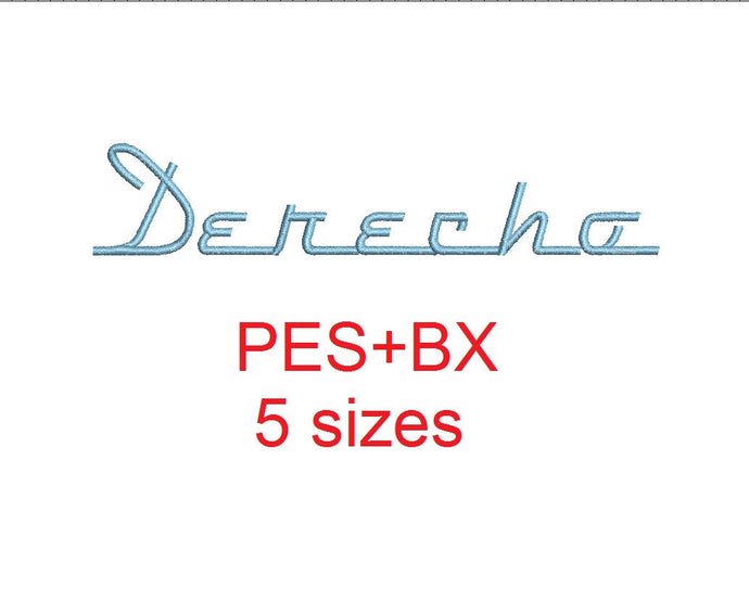 Derecho embroidery font formats bx (which converts to 17 machine formats), + pes, Sizes 0.50 (1/2), 0.75 (3/4), 1, 1.5 and 2