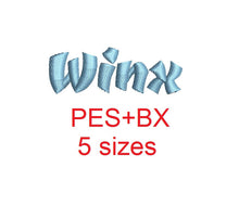Winx embroidery font formats bx (which converts to 17 machine formats), + pes, Sizes 0.50 (1/2), 0.75 (3/4), 1, 1.5 and 2"