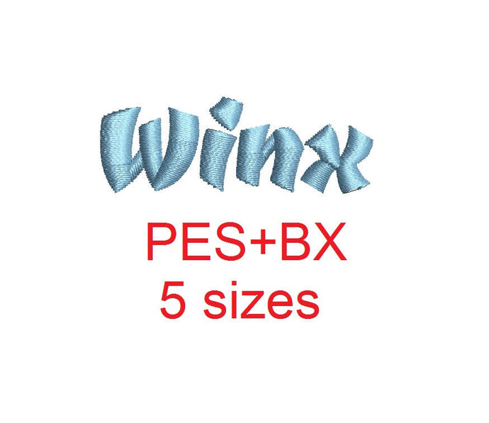 Winx embroidery font formats bx (which converts to 17 machine formats), + pes, Sizes 0.50 (1/2), 0.75 (3/4), 1, 1.5 and 2