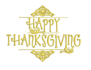 Happy Thanksgiving embroidery design formats bx (17 machine formats), + pes, Sizes 3, 3.5, 3.8 (4x4 hoop), 4.5, 5, 5.5, and 6 inches
