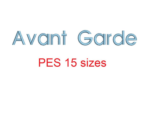 Avant Garde font PES format 15 Sizes 0.25 (1/4), 0.5 (1/2), 1, 1.5, 2, 2.5, 3, 3.5, 4, 4.5, 5, 5.5, 6, 6.5, and 7 inches