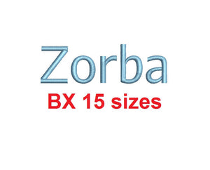 Zorba block embroidery BX font Sizes 0.25 (1/4), 0.50 (1/2), 1, 1.5, 2, 2.5, 3, 3.5, 4, 4.5, 5, 5.5, 6, 6.5, and 7 inches