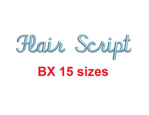 Flair Script embroidery BX font Sizes 0.25 (1/4), 0.50 (1/2), 1, 1.5, 2, 2.5, 3, 3.5, 4, 4.5, 5, 5.5, 6, 6.5, and 7 inches