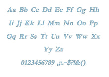 Garamond Italic embroidery font PES format 15 Sizes 0.25 (1/4), 0.5 (1/2), 1, 1.5, 2, 2.5, 3, 3.5, 4, 4.5, 5, 5.5, 6, 6.5, and 7 inches