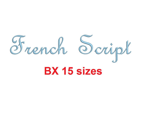 French Script embroidery BX font Sizes 0.25 (1/4), 0.50 (1/2), 1, 1.5, 2, 2.5, 3, 3.5, 4, 4.5, 5, 5.5, 6, 6.5, and 7 inches